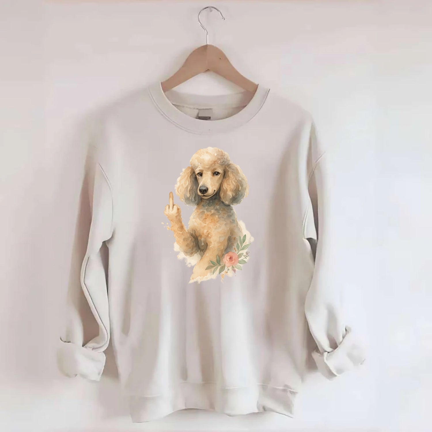 Standard Poodle with curly styled coat, intelligent face, fancy paw giving - Crewneck Sweatshirt - biege