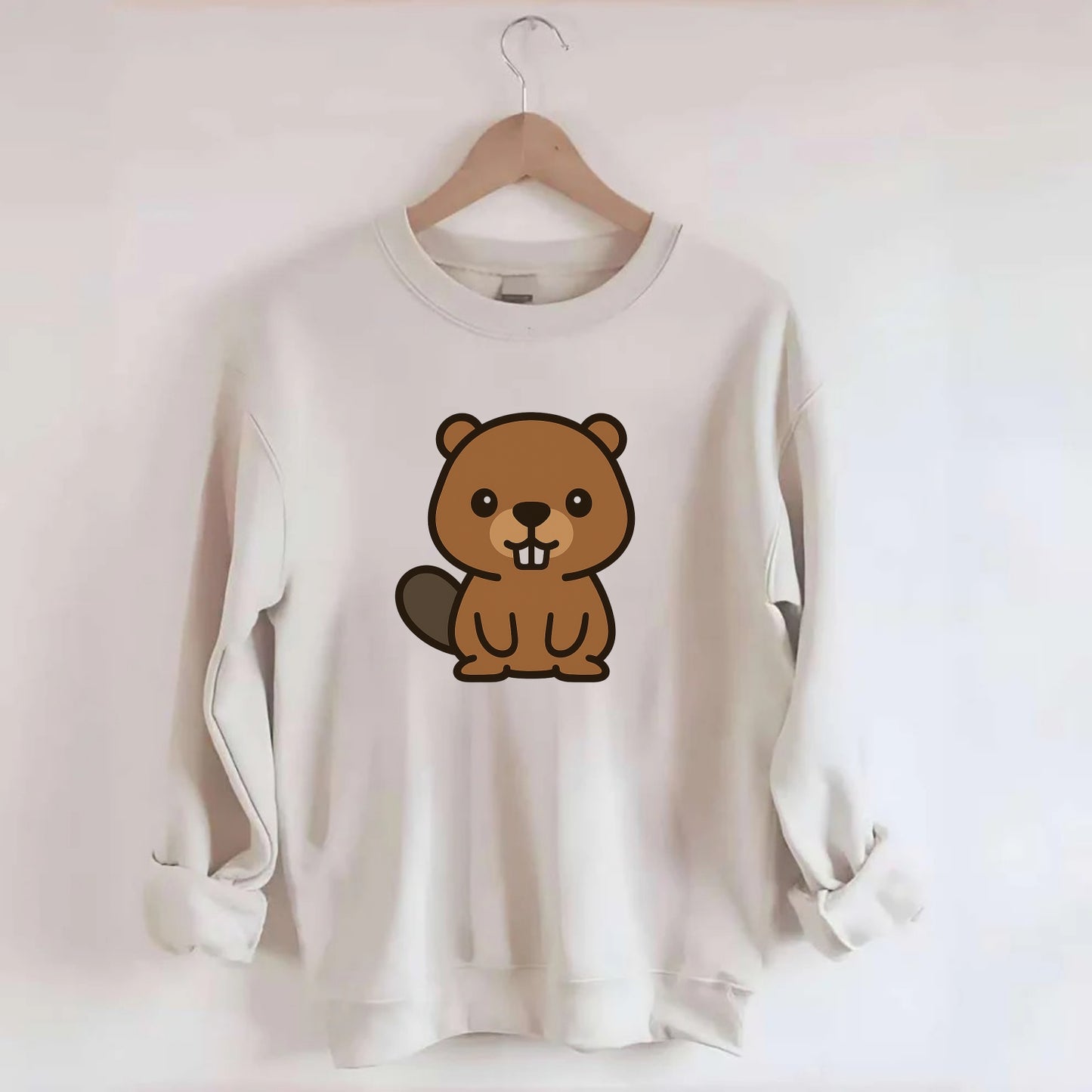 Baby Beaver - brown fur, paddle tail, buck teeth, friendly eyes, - Crewneck Sweatshirt - biege