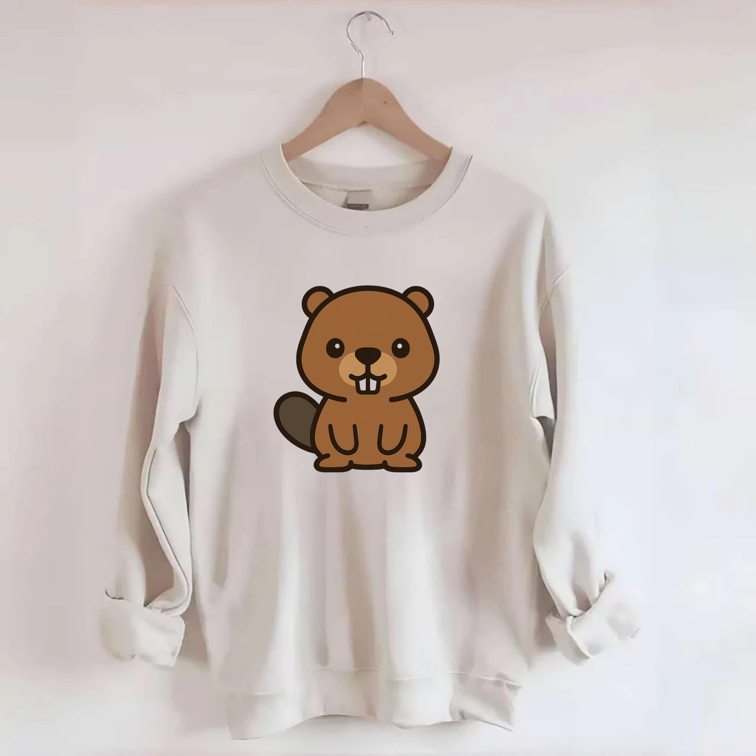 Baby Beaver - brown fur, paddle tail, buck teeth, friendly eyes, - Crewneck Sweatshirt - biege