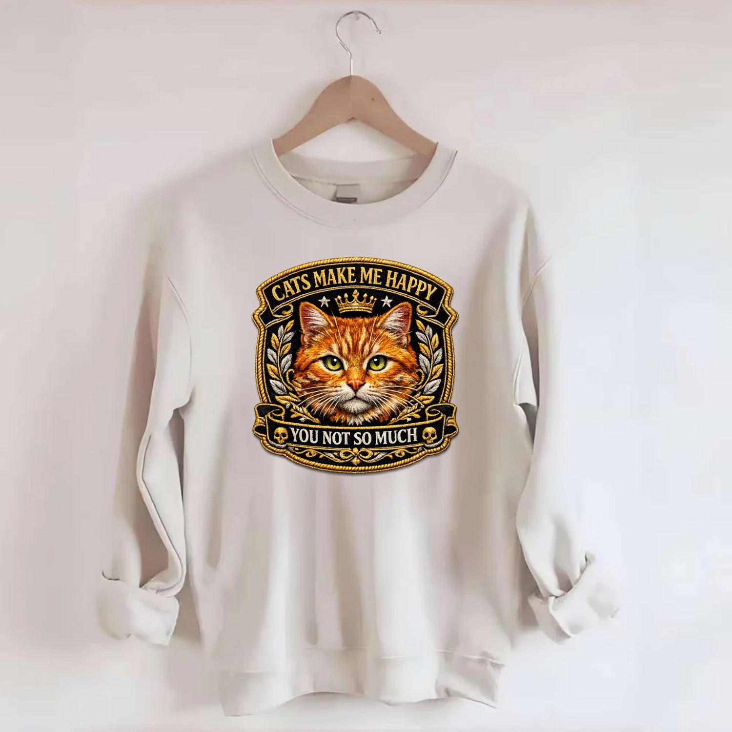 CATS MAKE ME HAPPY YOU NOT SO MUCH - cat face in orange , cat preference - Crewneck Sweatshirt - biege