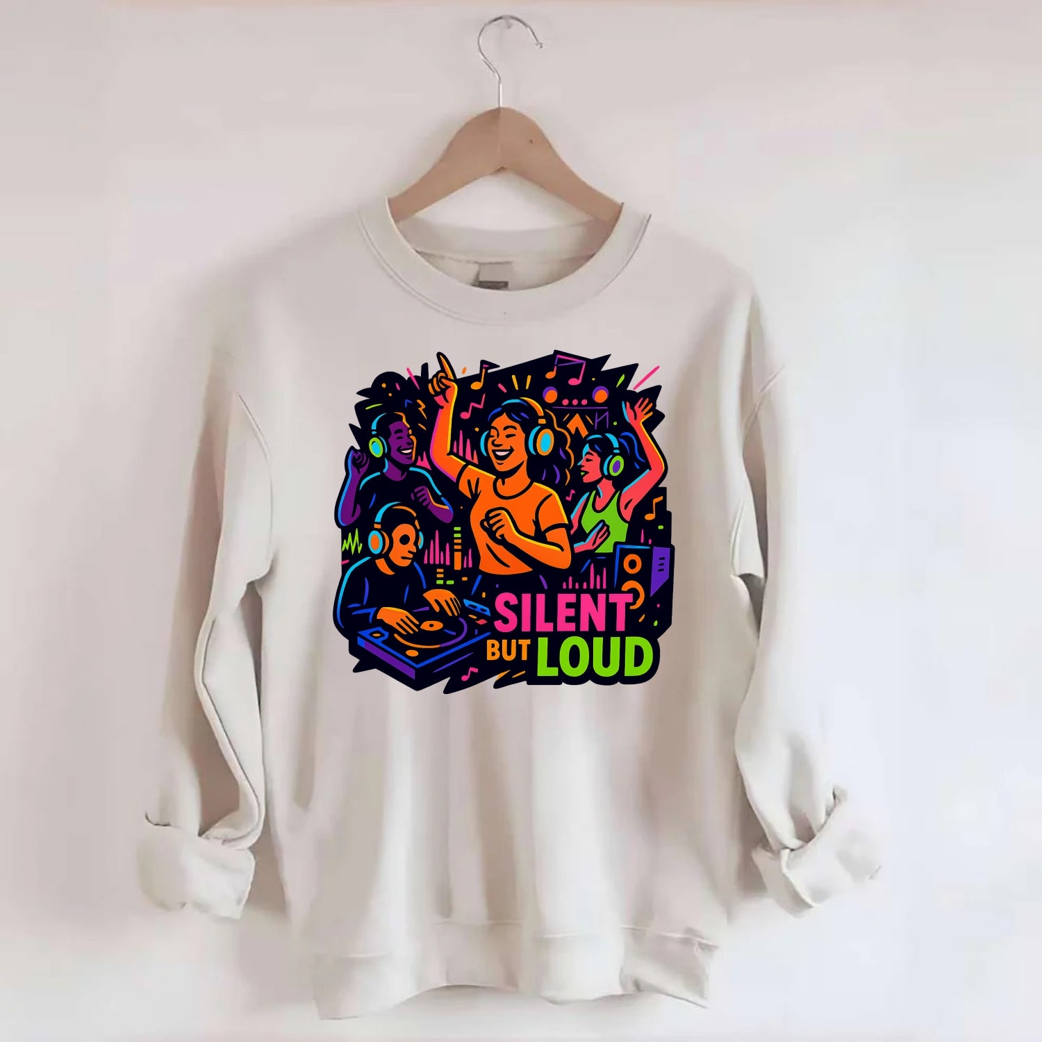 Silent disco dancers with glowing headphones - "Silent But Loud" - unique - Crewneck Sweatshirt - biege