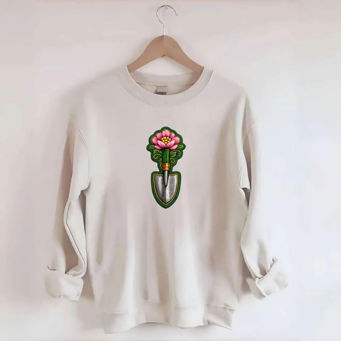 Embroidered patch design - GARDENING TROWEL FLOWER - garden tool with - Crewneck Sweatshirt - biege