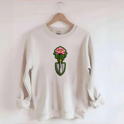 Embroidered patch design - GARDENING TROWEL FLOWER - garden tool with - Crewneck Sweatshirt - biege