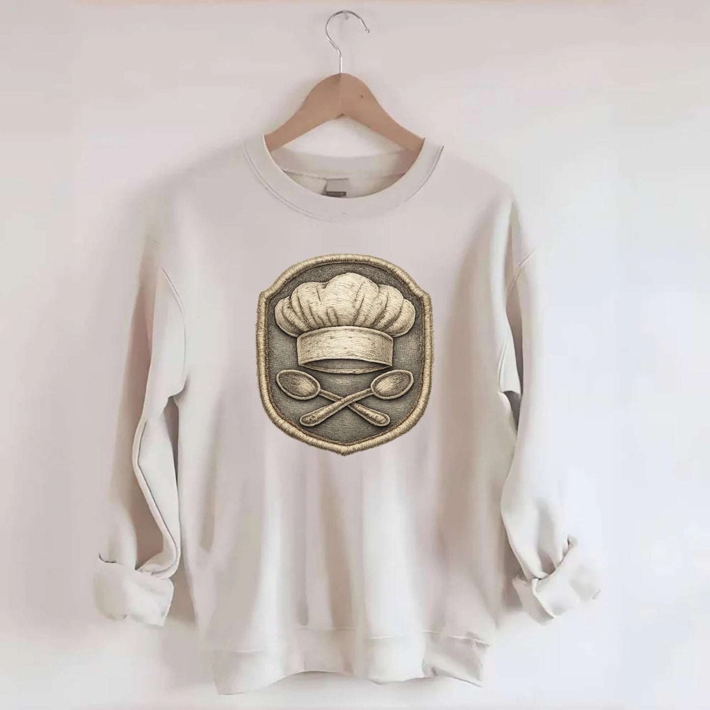 COOKING CHEF HAT - toque blanche with crossed spoons in white and silver , - Crewneck Sweatshirt - biege