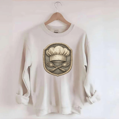 COOKING CHEF HAT - toque blanche with crossed spoons in white and silver , - Crewneck Sweatshirt - biege
