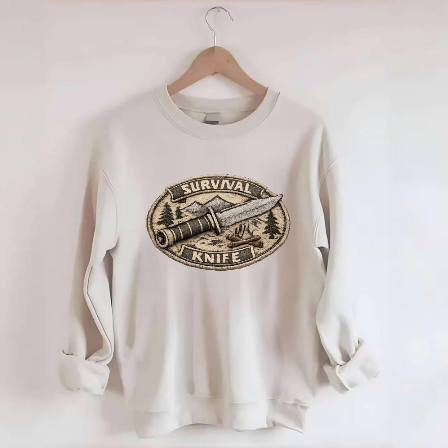SURVIVAL KNIFE - fixed blade with compass in silver and black , bushcraft - Crewneck Sweatshirt - biege