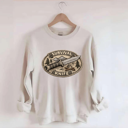 SURVIVAL KNIFE - fixed blade with compass in silver and black , bushcraft - Crewneck Sweatshirt - biege