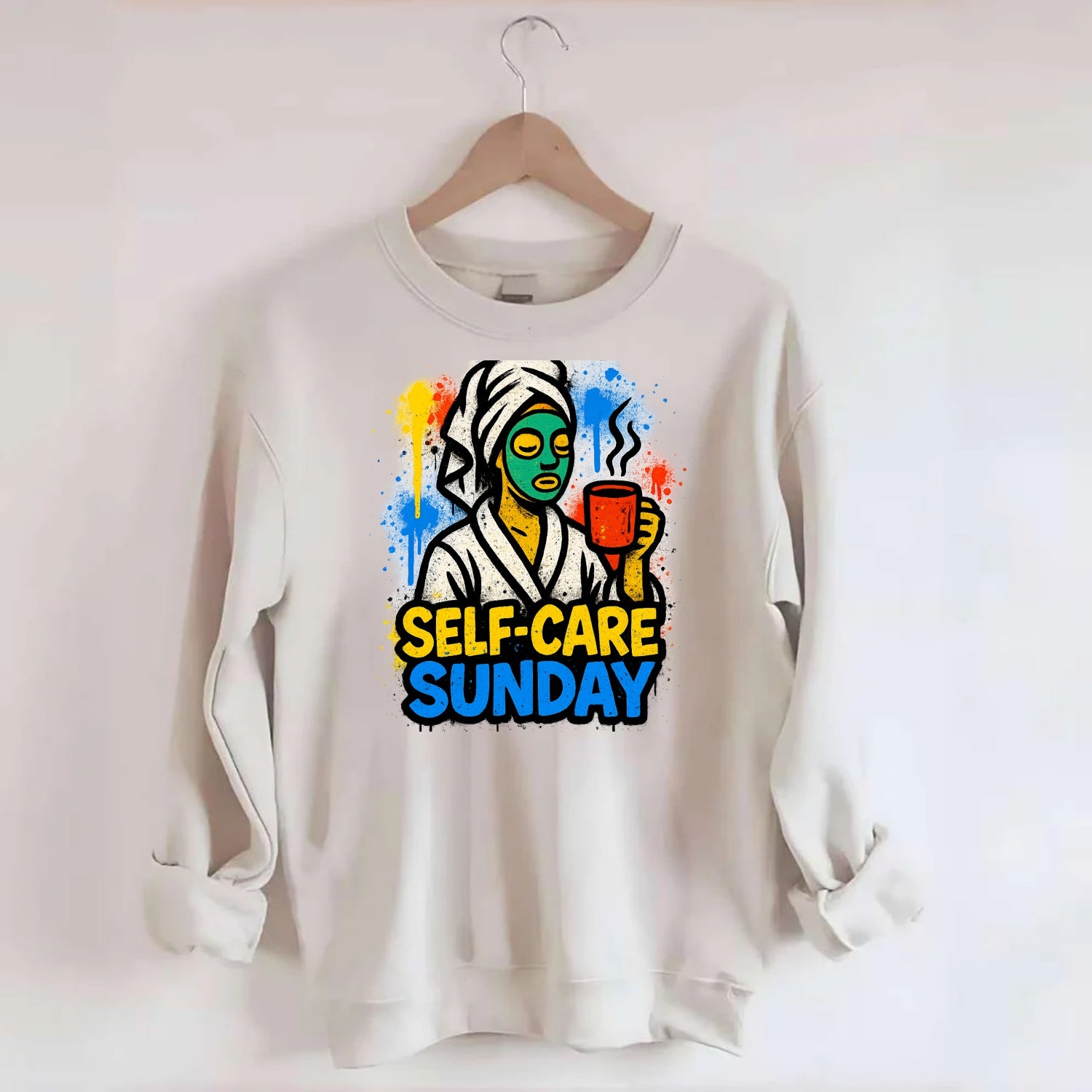 Person in bathrobe with face mask and tea - self-care Sunday ritual, wellness - Crewneck Sweatshirt - biege