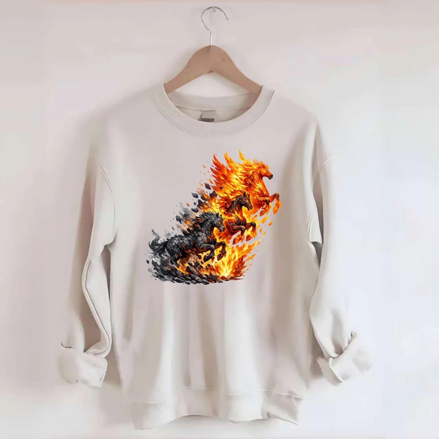 INFERNO STALLION | Horse made entirely of living flames | Blazing mane and - Crewneck Sweatshirt - biege