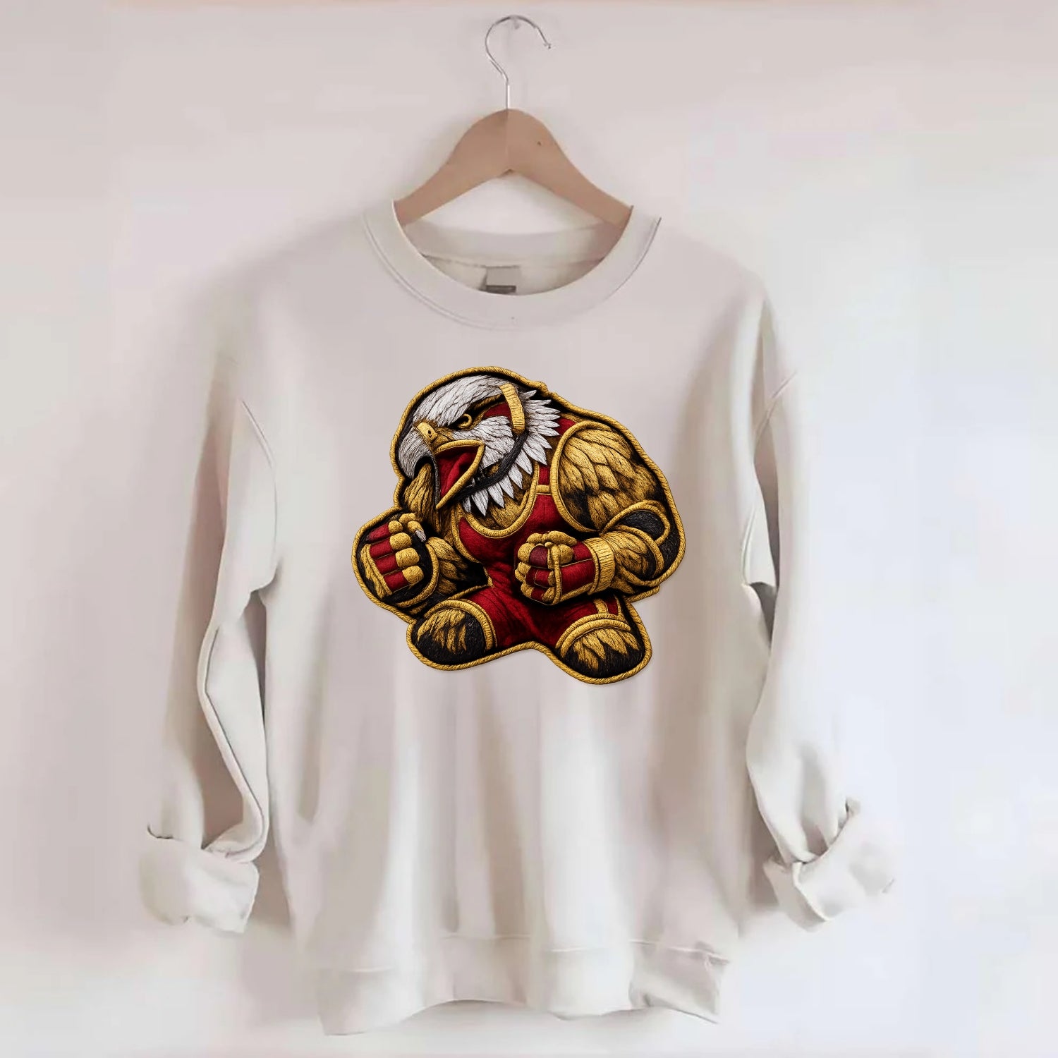 Embroidered patch design - WRESTLING EAGLE - fierce eagle with wrestling - Crewneck Sweatshirt - biege