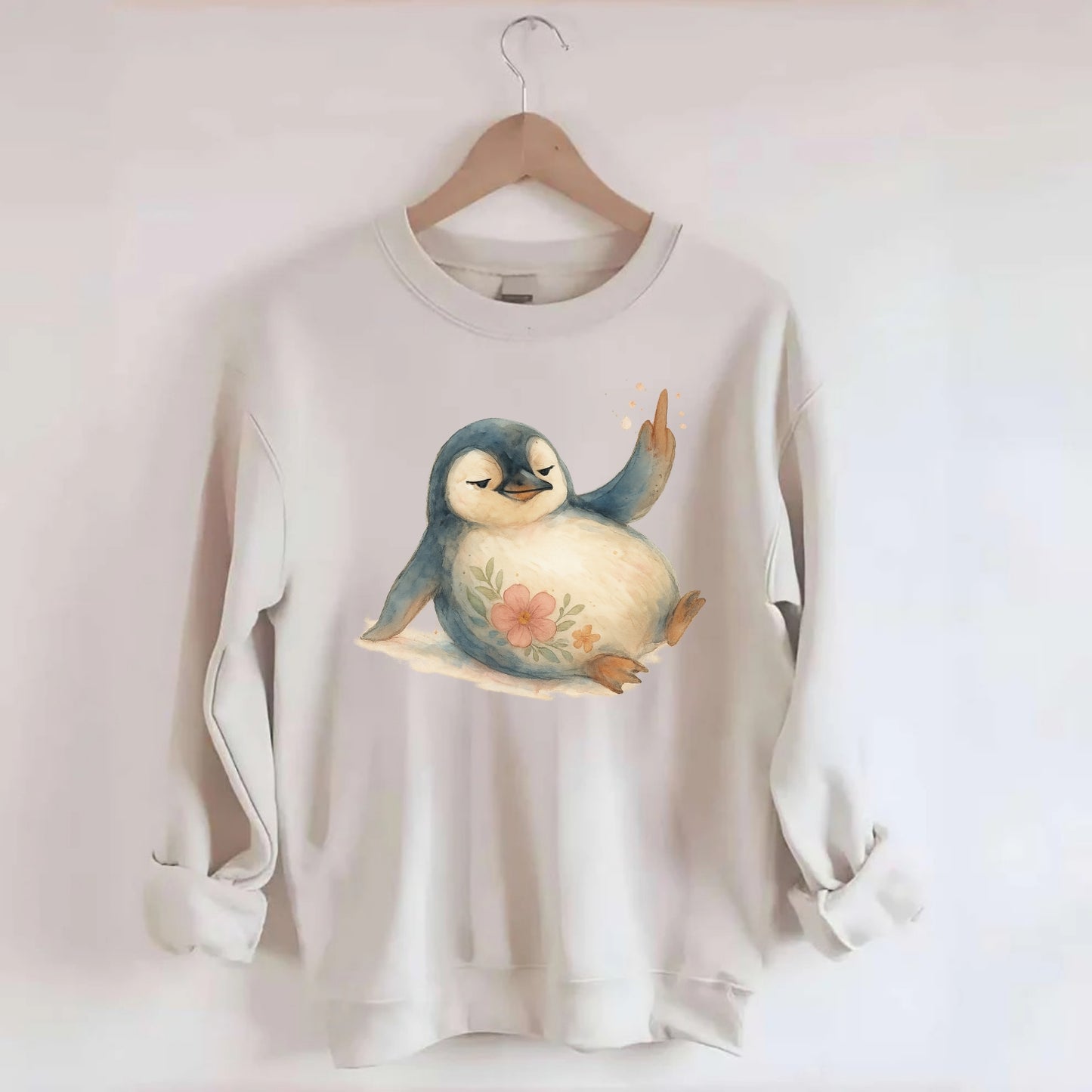 chubby penguin sliding on belly, one flipper up giving attitude - Crewneck Sweatshirt - biege