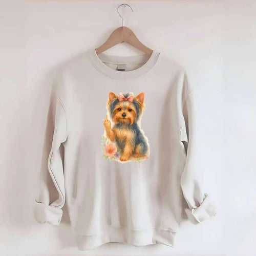 Yorkshire Terrier with topknot bow, one delicate paw flipping off - Crewneck Sweatshirt