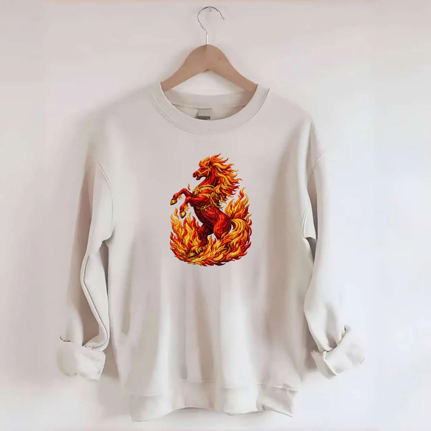 VICTORY BLAZE | Triumphant rearing horse in flames | Achievement celebration - Crewneck Sweatshirt - biege