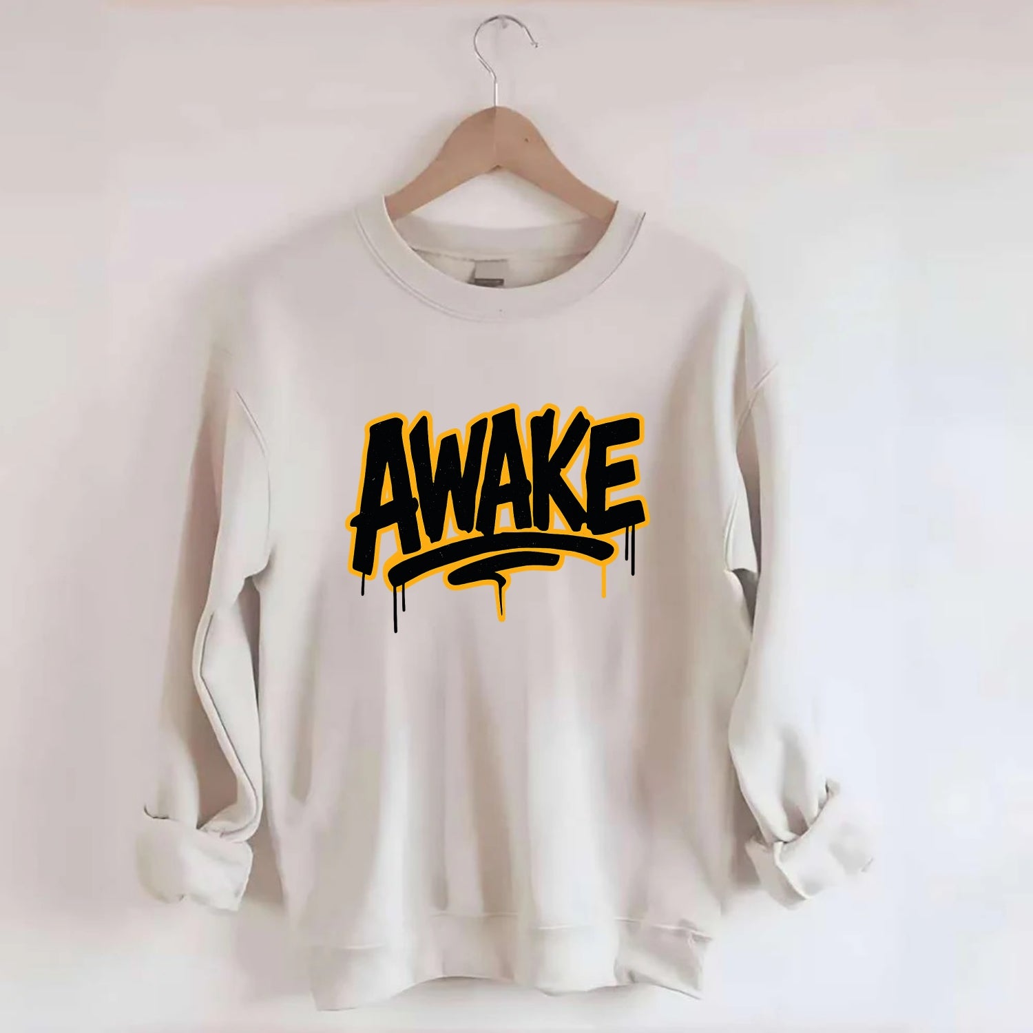 Bold typography design - "AWAKE" - conscious, aware, alert - Crewneck Sweatshirt - biege