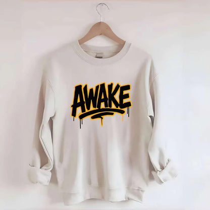 Bold typography design - "AWAKE" - conscious, aware, alert - Crewneck Sweatshirt - biege