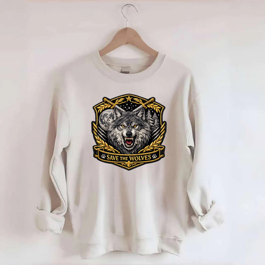 SAVE THE WOLVES - wolf moon in gray , predator protection - Crewneck Sweatshirt - biege