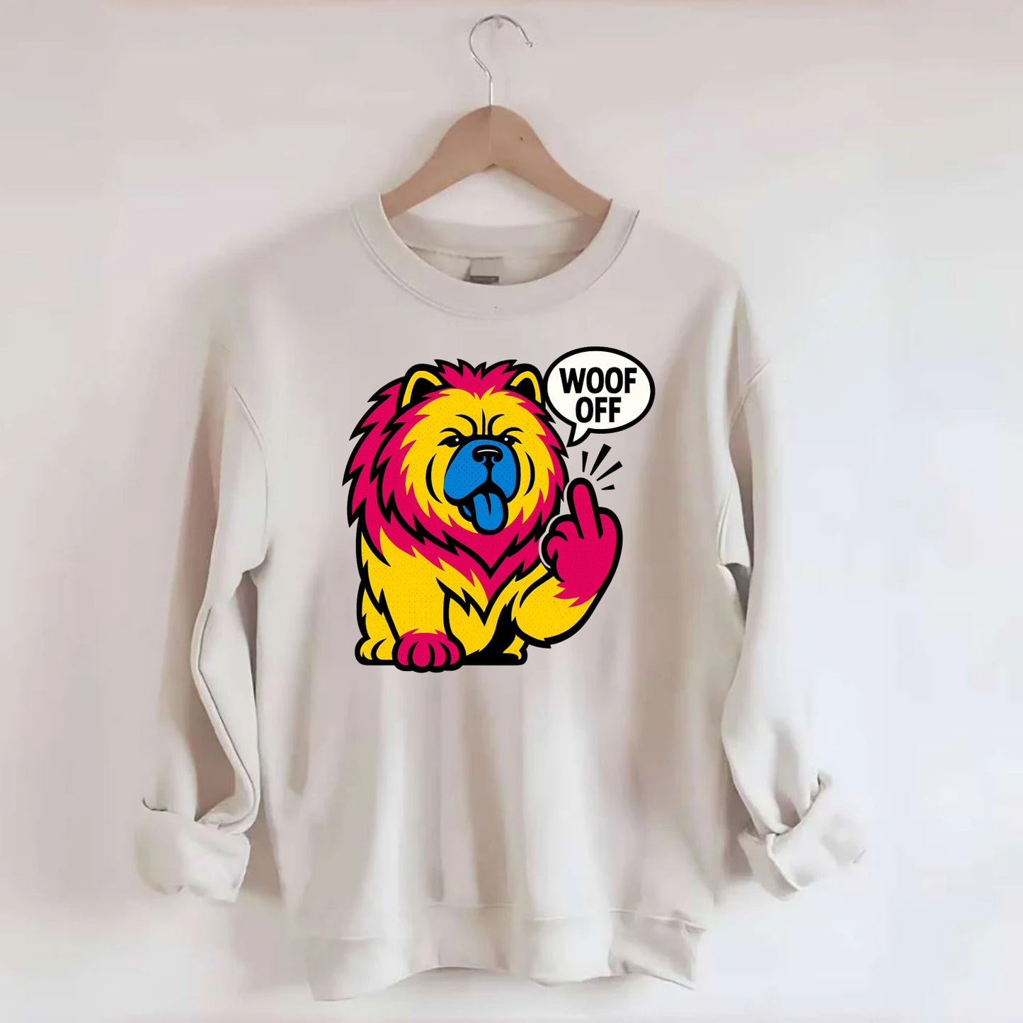 Chow Chow with lion mane and blue-black tongue, fluffy dignified paw up with - Crewneck Sweatshirt - biege