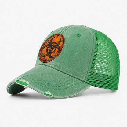 Biohazard Trefoil Weathered Sign Washed Trucker Hat – Ink Green