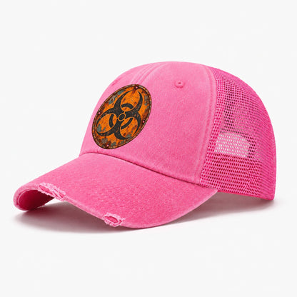 Biohazard Trefoil Weathered Sign Washed Trucker Hat – Rose