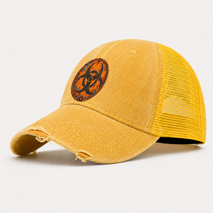 Biohazard Trefoil Weathered Sign Washed Trucker Hat – Yellow