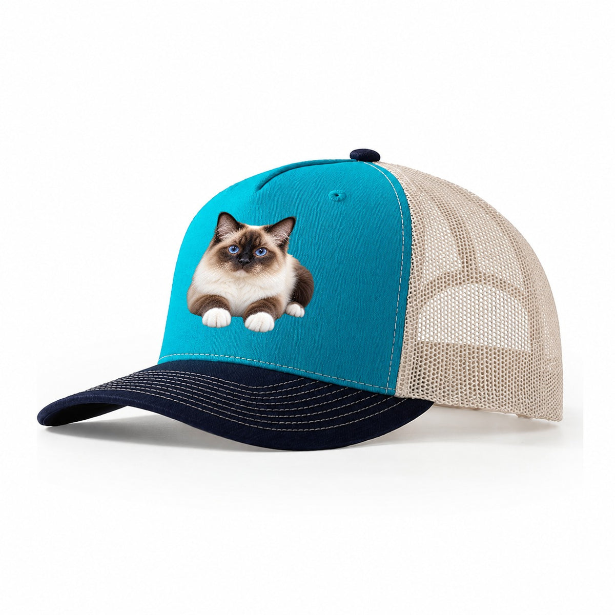 Birman Reclining Paws Forward Realistic Cat Portrait Trucker Hat – Teal Navy
