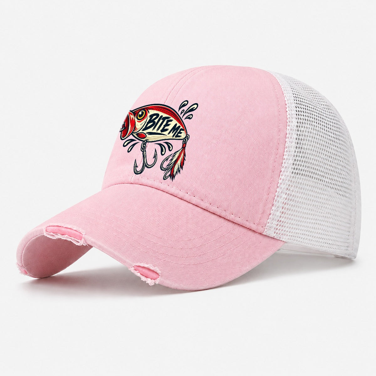 Bite Me Lure Fishing Elegant Washed Trucker Hat – Light Pink