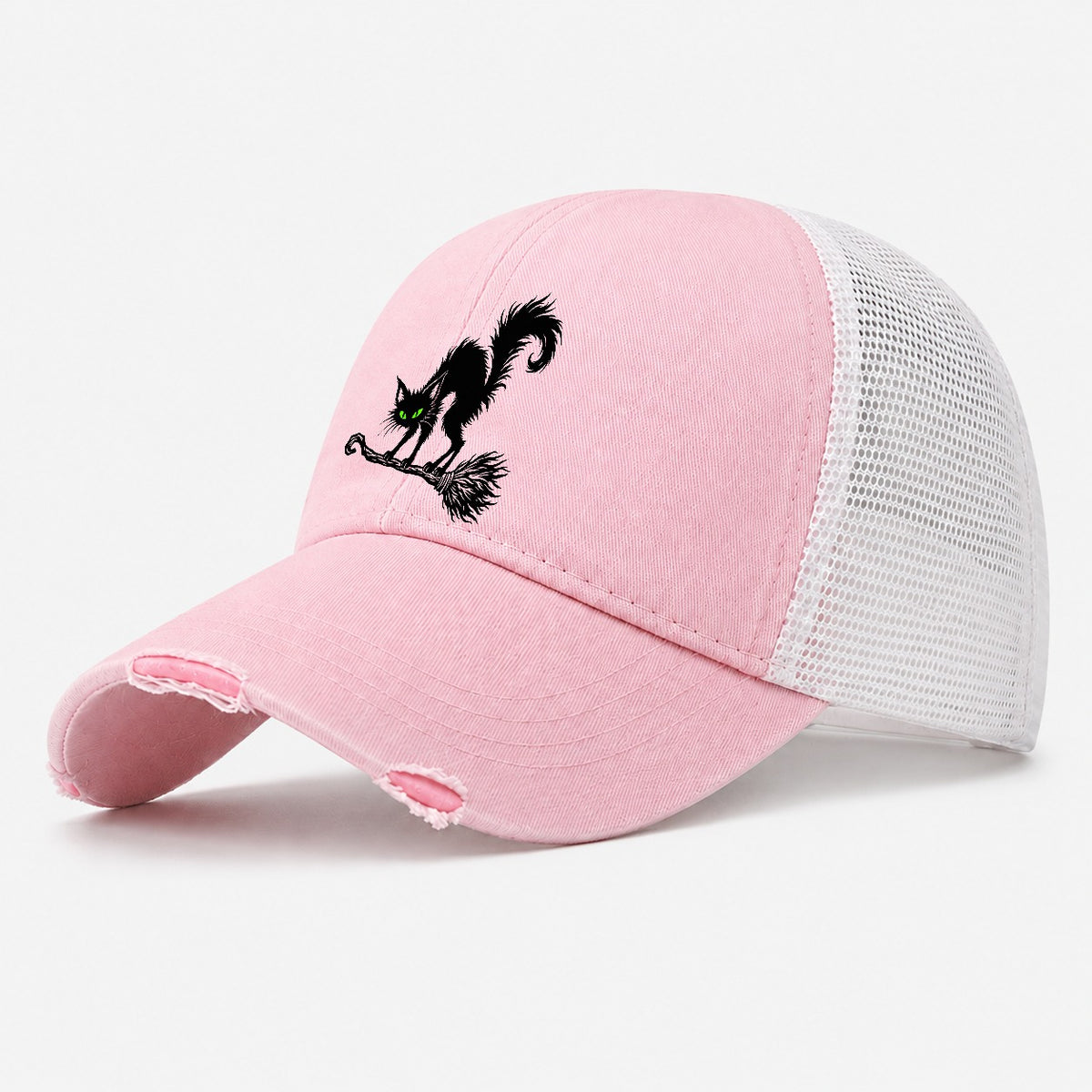 Black Cat Arched On A Broomstick Witch Magic Washed Trucker Hat – Light Pink