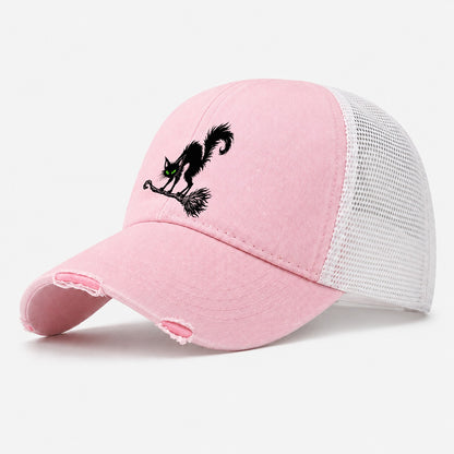 Black Cat Arched On A Broomstick Witch Magic Washed Trucker Hat – Light Pink