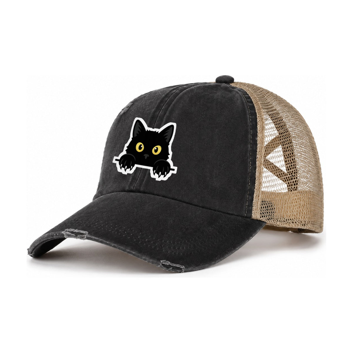 Black Cat Women's Ponytail Trucker Hat – Washed Black Khaki