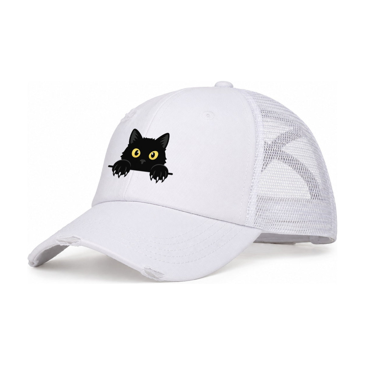 Black Cat Women's Ponytail Trucker Hat – White White