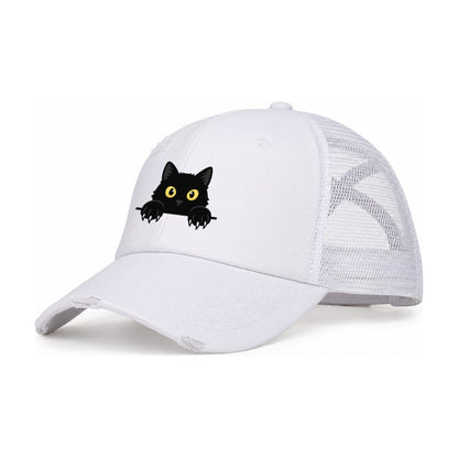 Black Cat Women's Ponytail Trucker Hat – White White