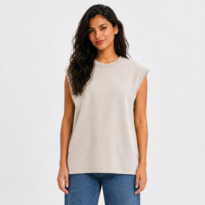 Black Cat Vintage Washed Tank – beige worn by a model