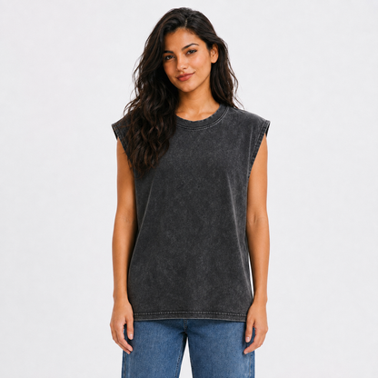 Black Cat Vintage Washed Tank – black worn by a model