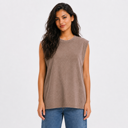 Black Cat Vintage Washed Tank – brown worn by a model