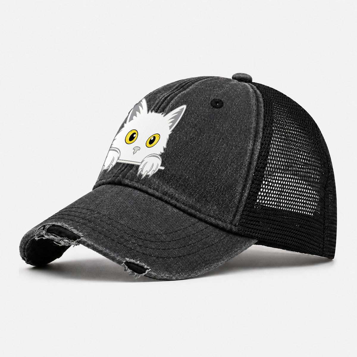 Black Cat Washed Trucker Hat – Black