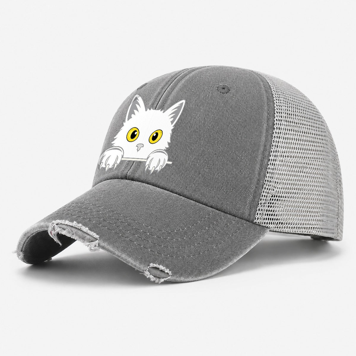 Black Cat Washed Trucker Hat – Grey