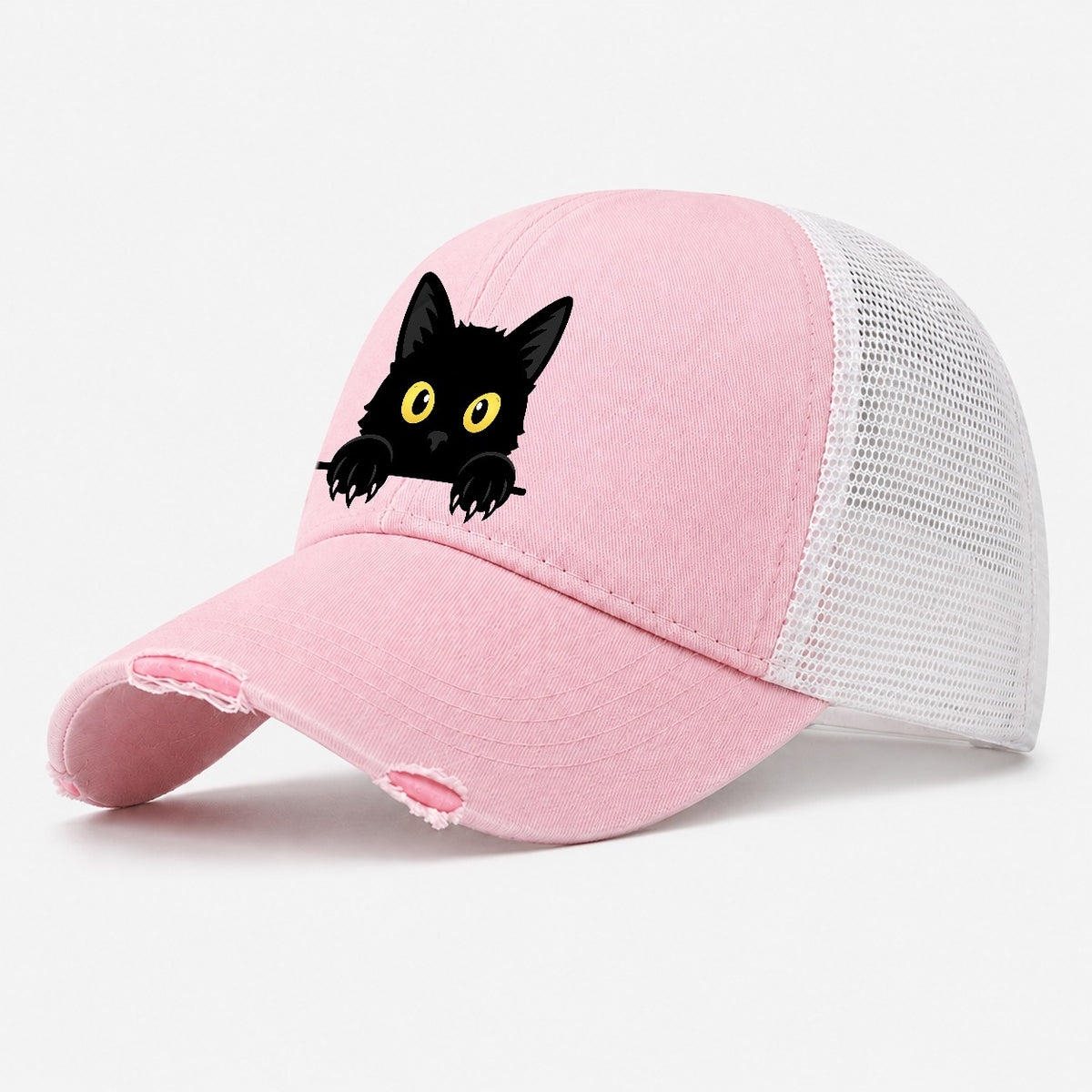 Black Cat Washed Trucker Hat – Light Pink