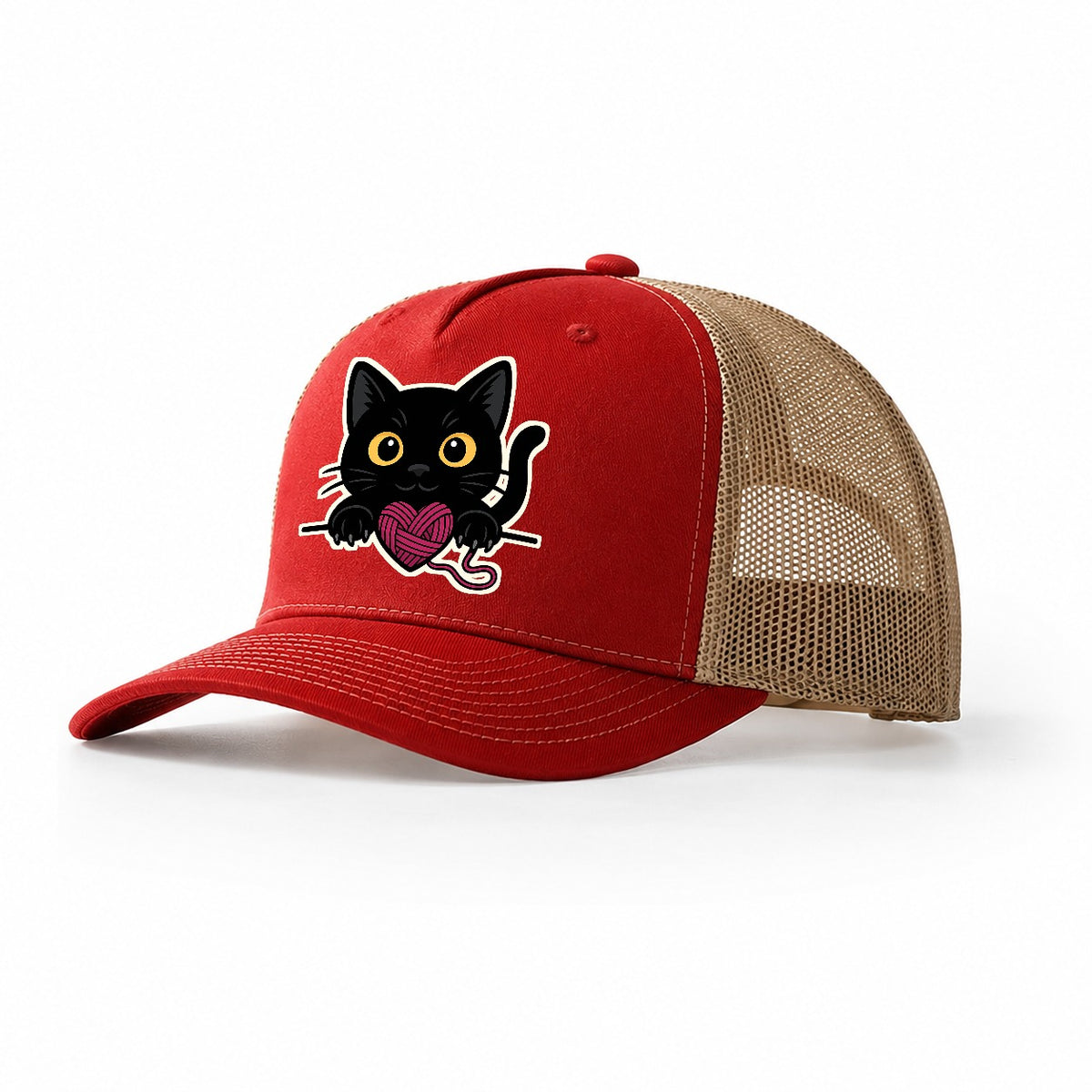 Black Cat Yarn Playful 968d17 Trucker Hat – Red-Khaki