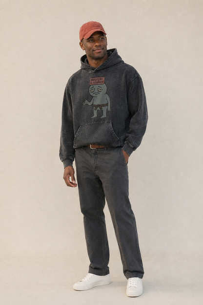 Black Pug Charming Companion Vintage Washed Hoodie – studio model photo