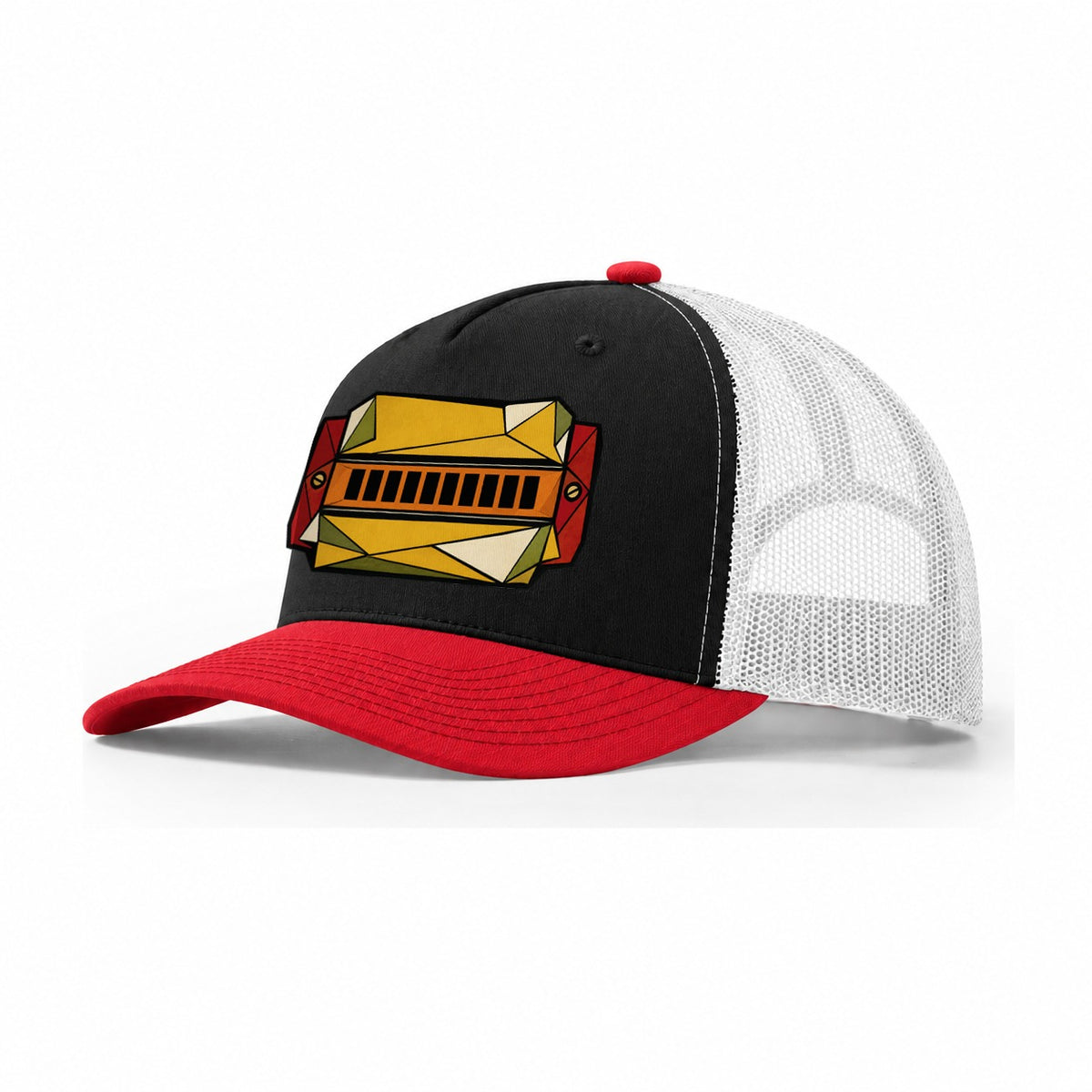 Harmonica Close Up Trucker Hat – Black Red White