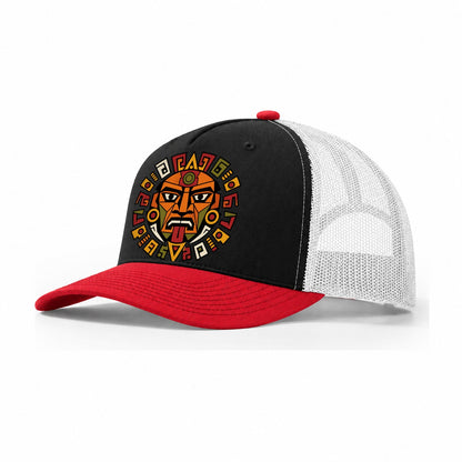 Aztec Sun Stone Fragment Trucker Hat – Black Red White