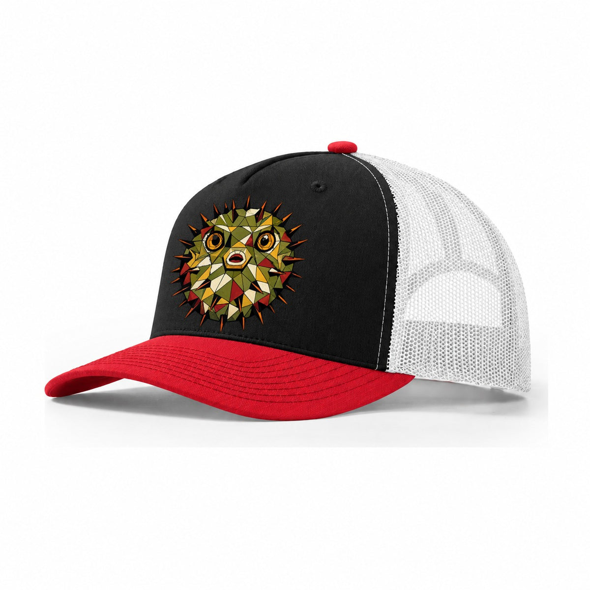 Pufferfish Inflated Spines Trucker Hat – Black Red White