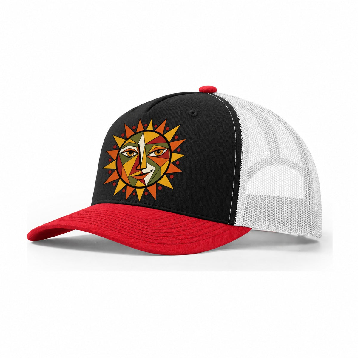 Geometric Sun Face Trucker Hat – Black Red White