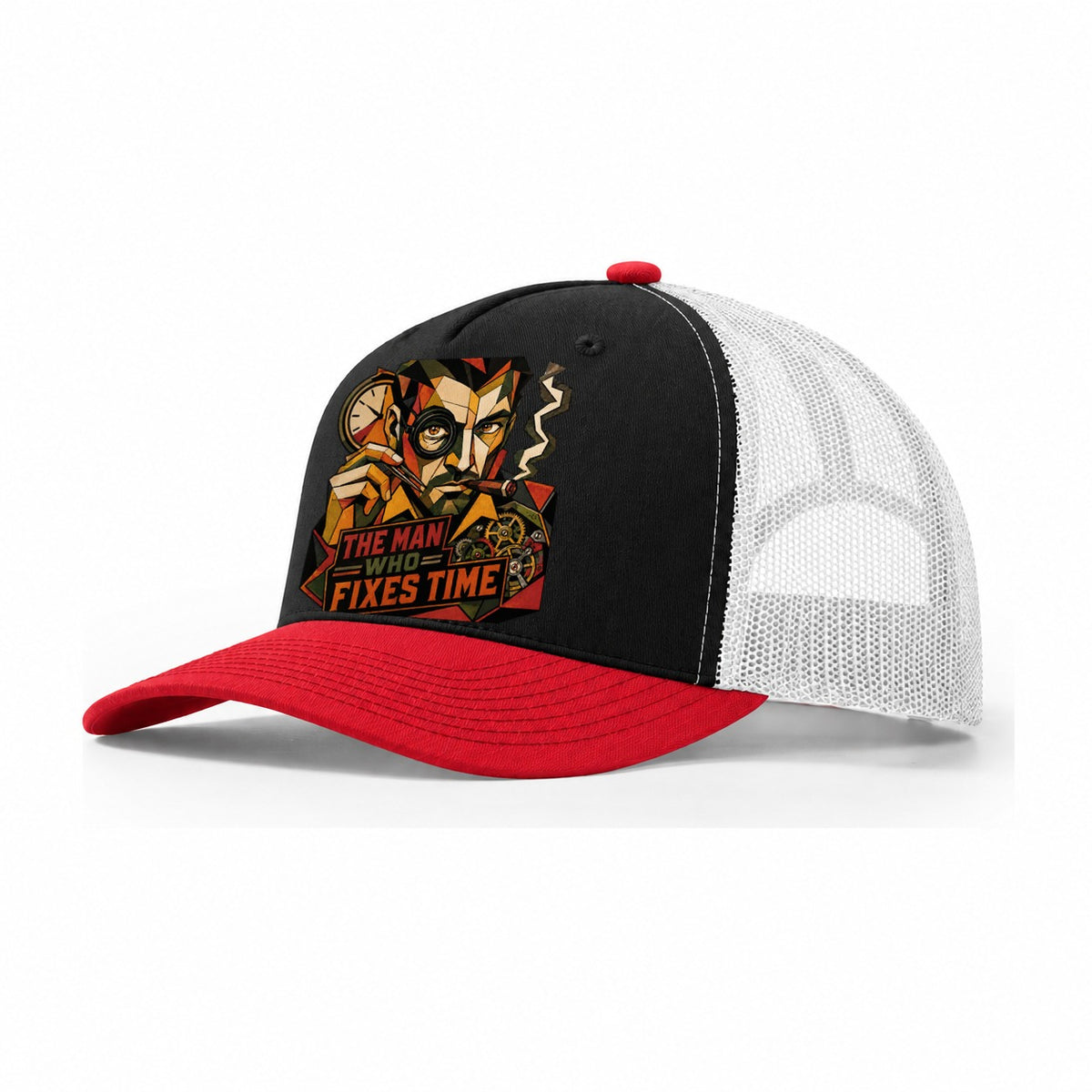 Watchmaker Loupe Portrait Trucker Hat – Black Red White