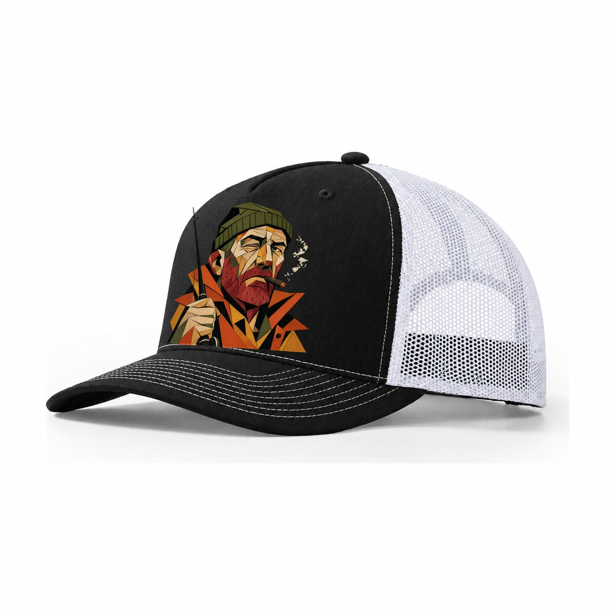 Fisherman Portrait Rod Trucker Hat – Black White