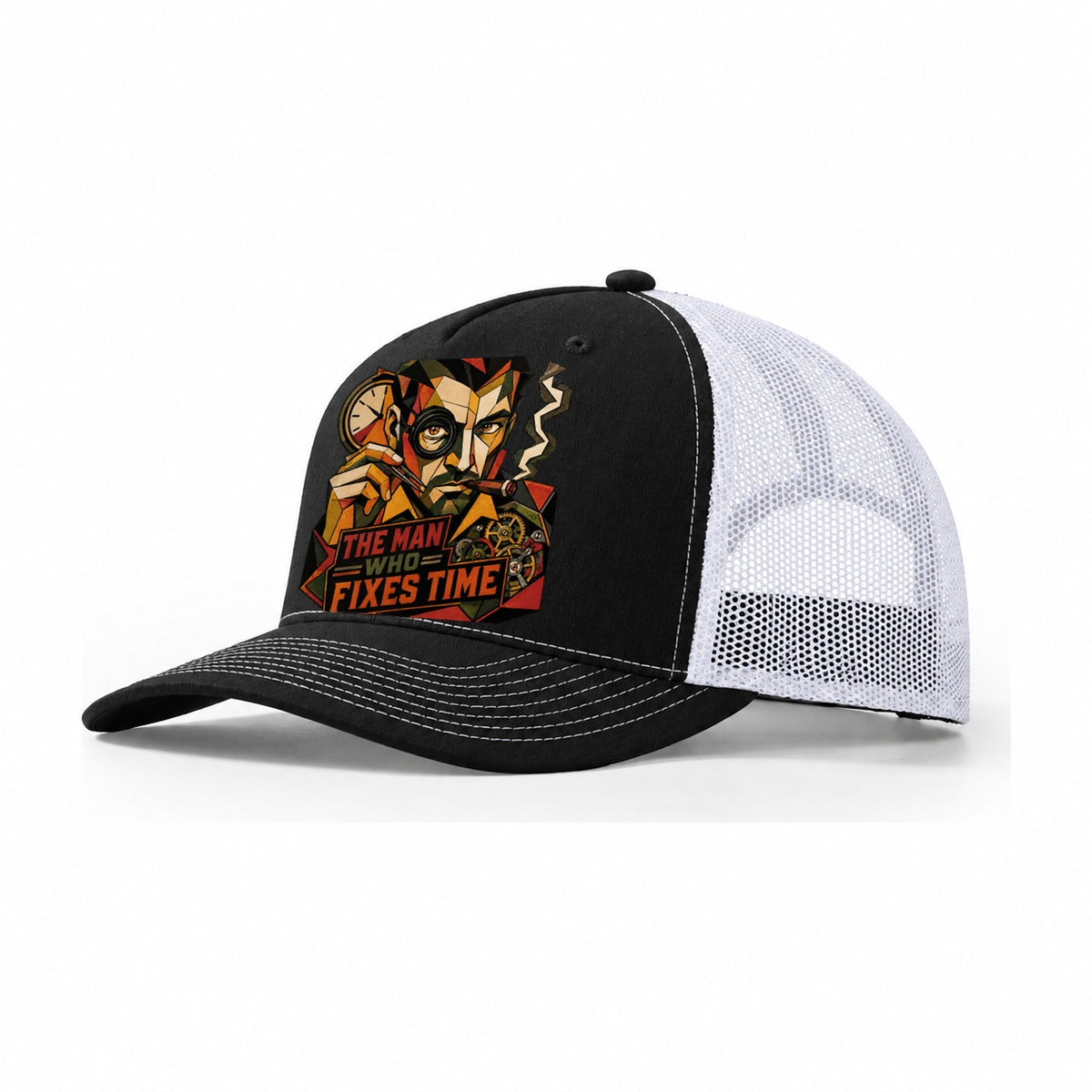 Watchmaker Loupe Portrait Trucker Hat – Black White