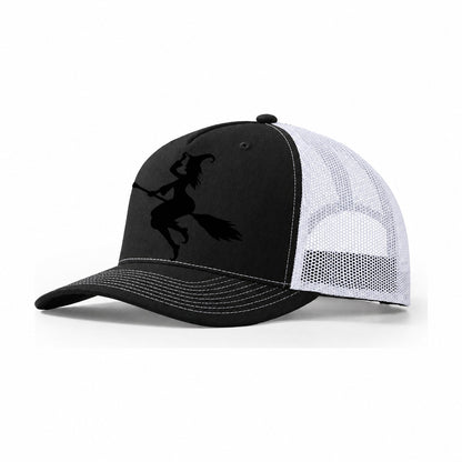 Enchanting Witch On Broom Hat Limited Edition Trucker Hat – Black White