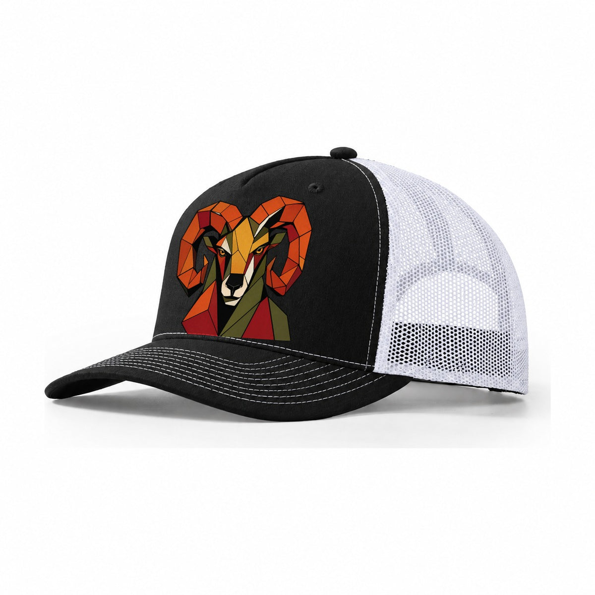 Ram Curled Horns Trucker Hat – Black White