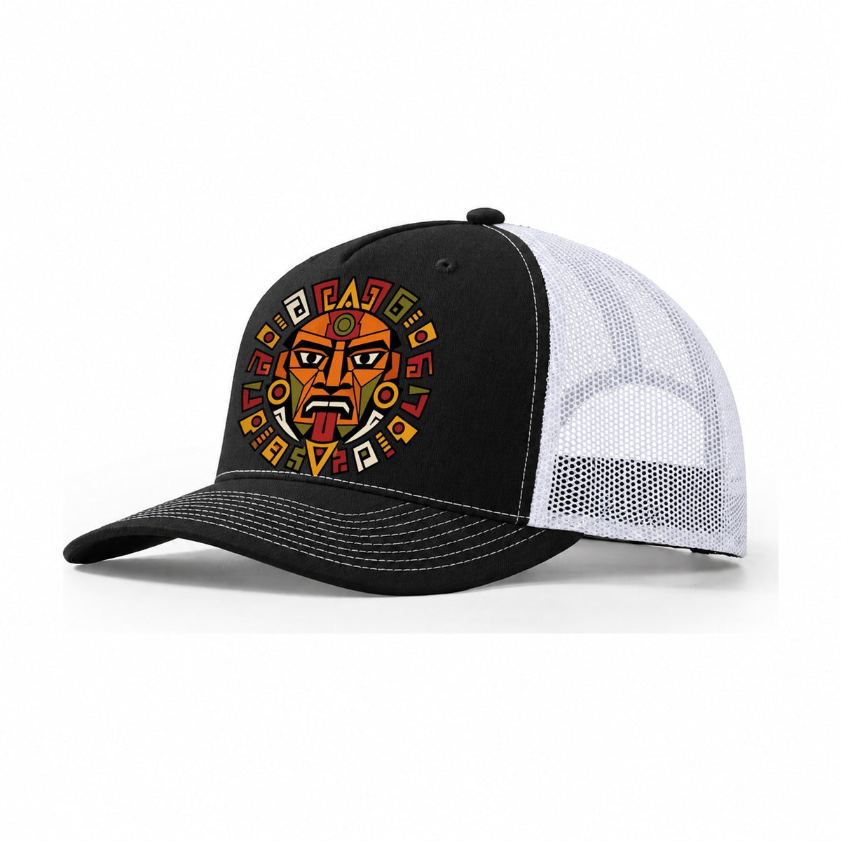 Aztec Sun Stone Fragment Trucker Hat – Black White