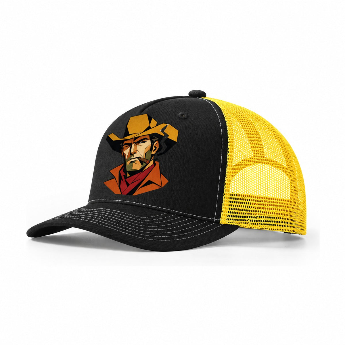 Cowboy Hat Geometric Trucker Hat – Black Yellow